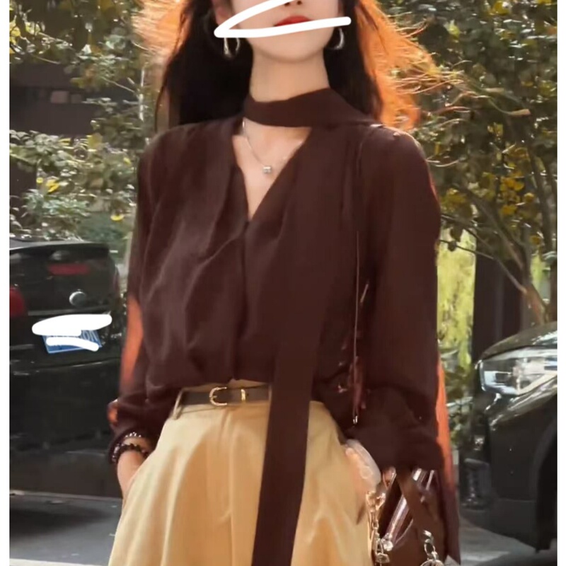 European-Style Cappuccino V-Neck Solid Color Loose Fit Ribbon Long-Sleeve Shirt for Women, Popular Spring and Autumn Fashion High-End Top