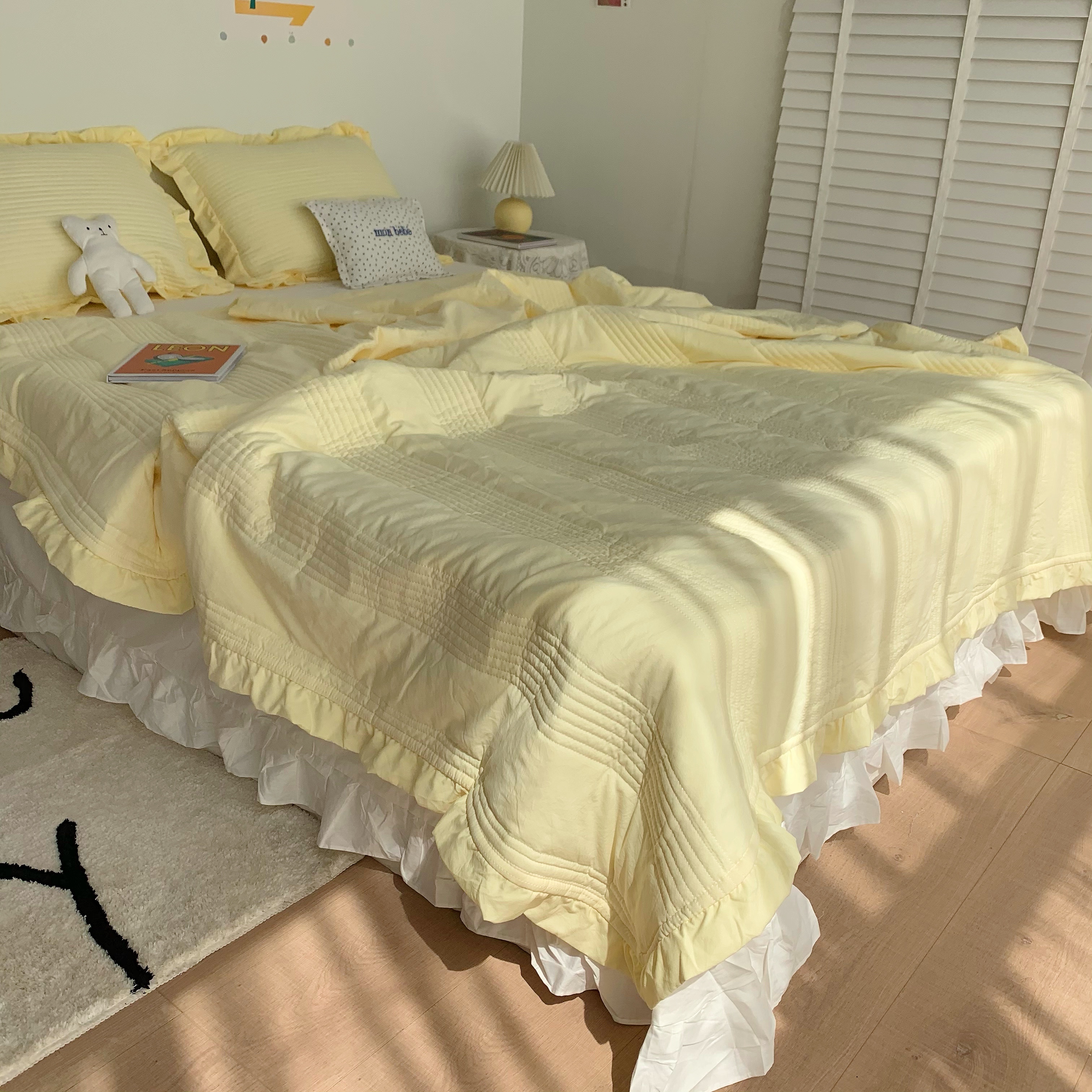 (The color of milk fufu) Korean macaron color washed cotton summer quilt lace air conditioner quilt bed sheet dual-use bed cover