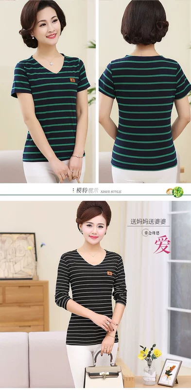 Mùa xuân trung niên áo thun cotton cổ chữ V size lớn cho nữ dài tay sọc đáy áo mẹ đầm mùa hè nữ áo kiểu nữ đẹp tuổi 40