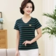 Mùa xuân trung niên áo thun cotton cổ chữ V size lớn cho nữ dài tay sọc đáy áo mẹ đầm mùa hè nữ áo kiểu nữ đẹp tuổi 40