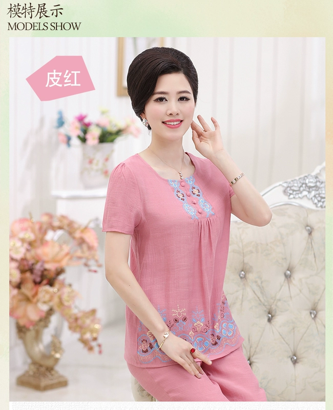 Mùa hè đồ ngủ nữ cotton ngắn tay cotton và linen trung niên mẹ kích thước lớn mùa hè quần áo dịch vụ nhà mỏng hai mảnh phù hợp với pyjama thu đông