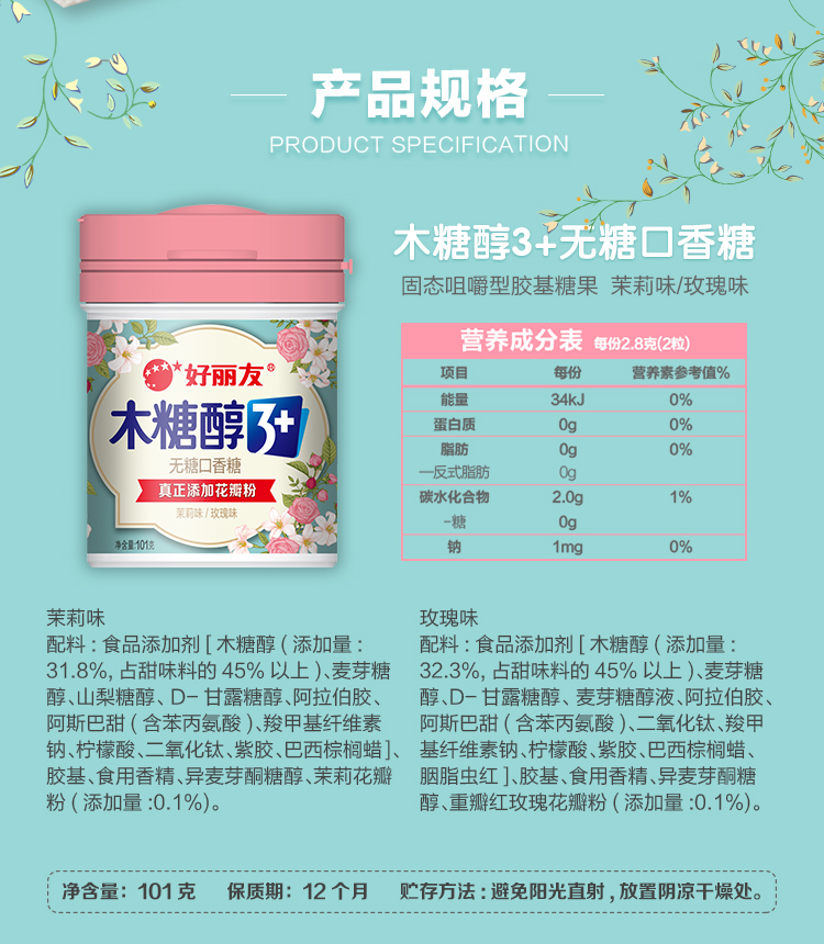 好丽友 四口味 木糖醇 无糖口香糖 101g*3罐 图4