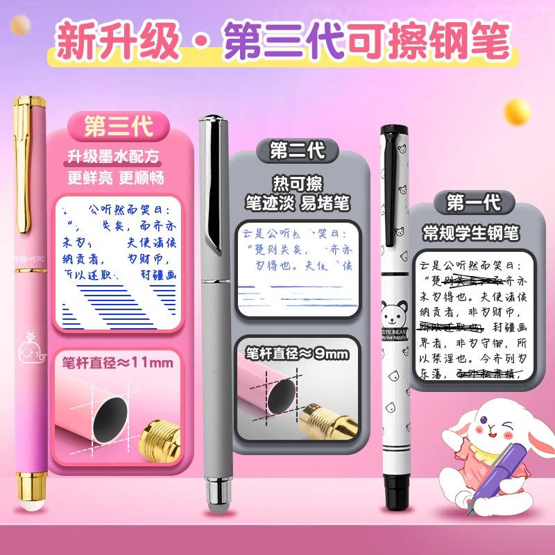 Hero Brand Erasable Pen for Third-Grade Elementary School Students, Specially Designed for Girls, Thermosensitive Erasable Pen for Posture-Correcting Handwriting Practice, High Aesthetic Appeal, Replaceable Ink Cartridges, Children's Fine Tip, Black Technology, Officially Authorized