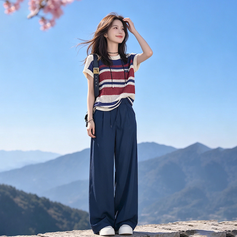 Supdorx~2026 Summer New Casual Sports Suit for Women, Stylish Striped Short-Sleeve Top and Wide-Leg Pants Two-Piece Set, Trendy