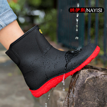 Rain shoes Mens mid-tube rain boots Non-slip water shoes Short tube velvet rubber shoes Thick bottom wear-resistant car wash fishing work shoes