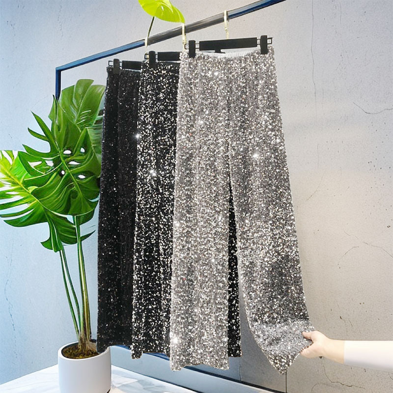 Spring Thickened Korean Velvet Sequin Wide-Leg Pants, Long Legs, Drapey, Plus-Size Floor-Length Pants, Shiny Extended Straight-Leg Pants for Women