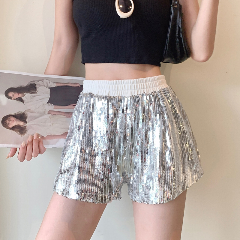 Black and Silver Sequin Shorts for Women, Spring Outerwear, Tummy-Covering, New Shiny Pants, High-Waisted, Loose A-Line Wide-Leg Pants