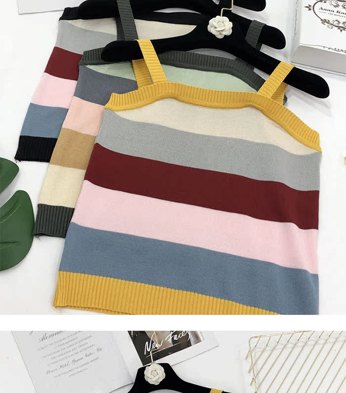 Mùa hè khâu màu sọc ngắn của máy tim nhỏ vest nữ mặc bên trong dây đeo áo sơ mi học sinh - Áo ba lỗ quần áo