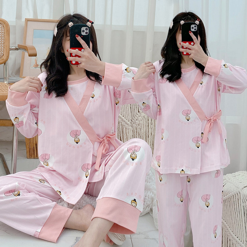Pregnant Woman Sleepwear Woman Spring Autumn Pure Cotton Maternal Breast-feeding Clothing Three Sets Summer Thin Loose Postnatal Breastfeeding Moon Subsuit