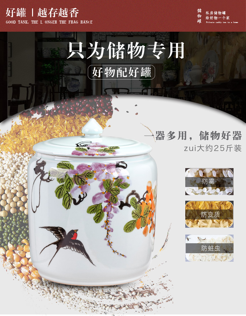 Jingdezhen ceramic hand - made barrel household seal 15 pounds 25 kg pack with cover insect moistureproof tea cylinder storage tank