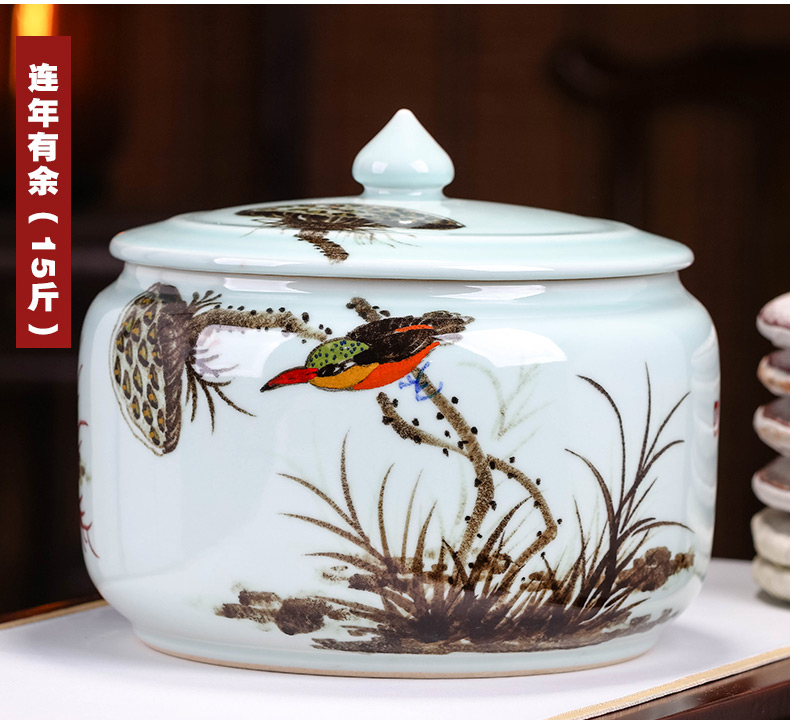 Jingdezhen ceramic hand - made barrel household seal 15 pounds 25 kg pack with cover insect moistureproof tea cylinder storage tank