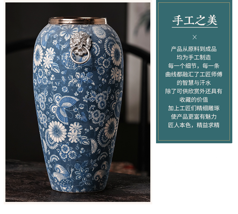 Jingdezhen ceramics archaize dried flowers of modern Chinese style living room home decoration flower arrangement of blue and white porcelain vase furnishing articles