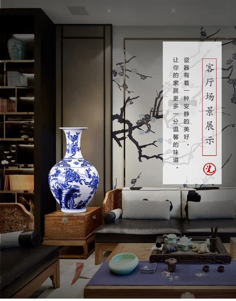 Jingdezhen ceramics hand - made archaize sitting room place, blue and white porcelain vase flower arrangement of Chinese style household adornment rich ancient frame