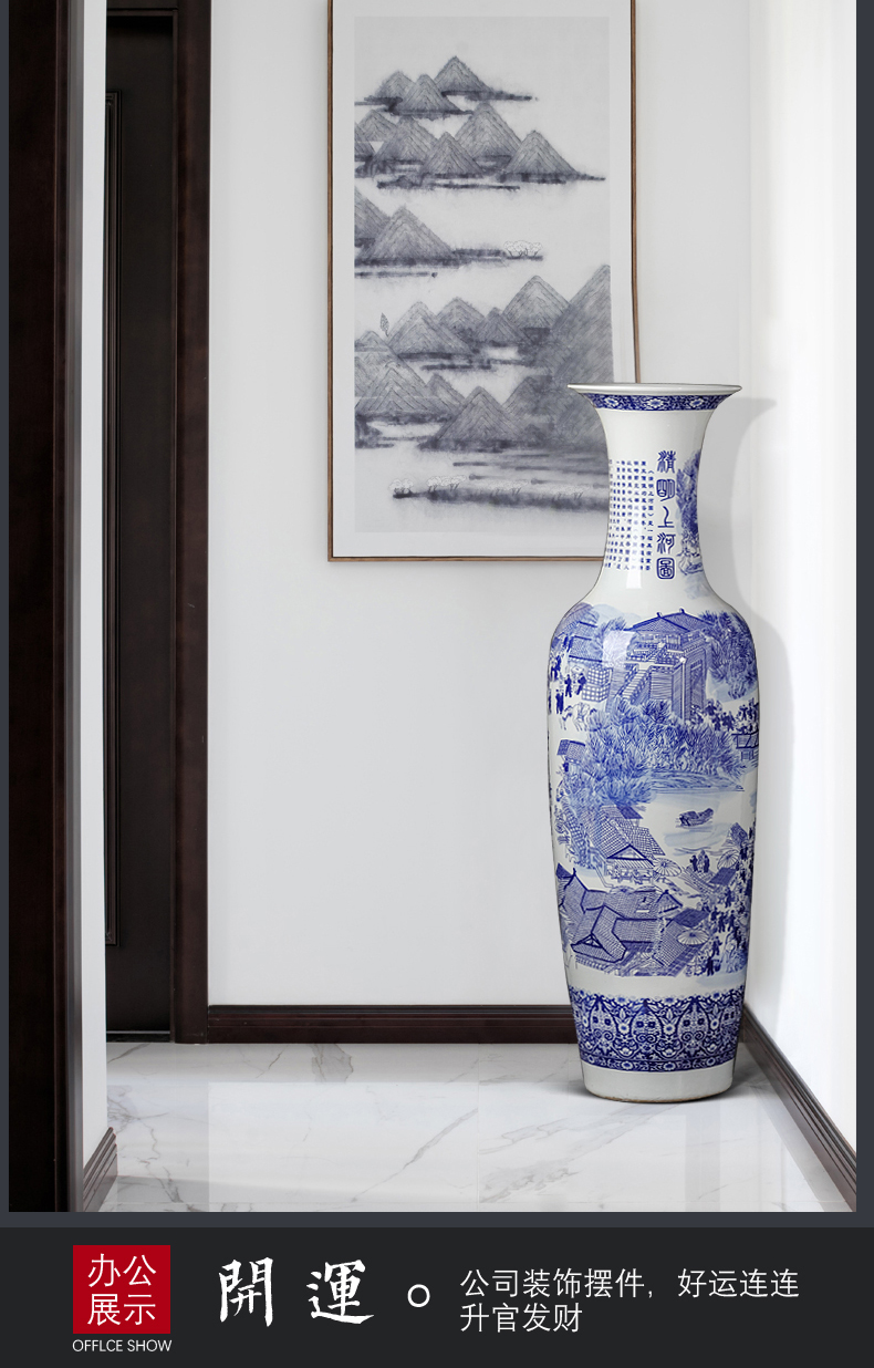 Blue and white porcelain of jingdezhen ceramics qingming festival Chinese style living room home decoration painting of large vase high furnishing articles