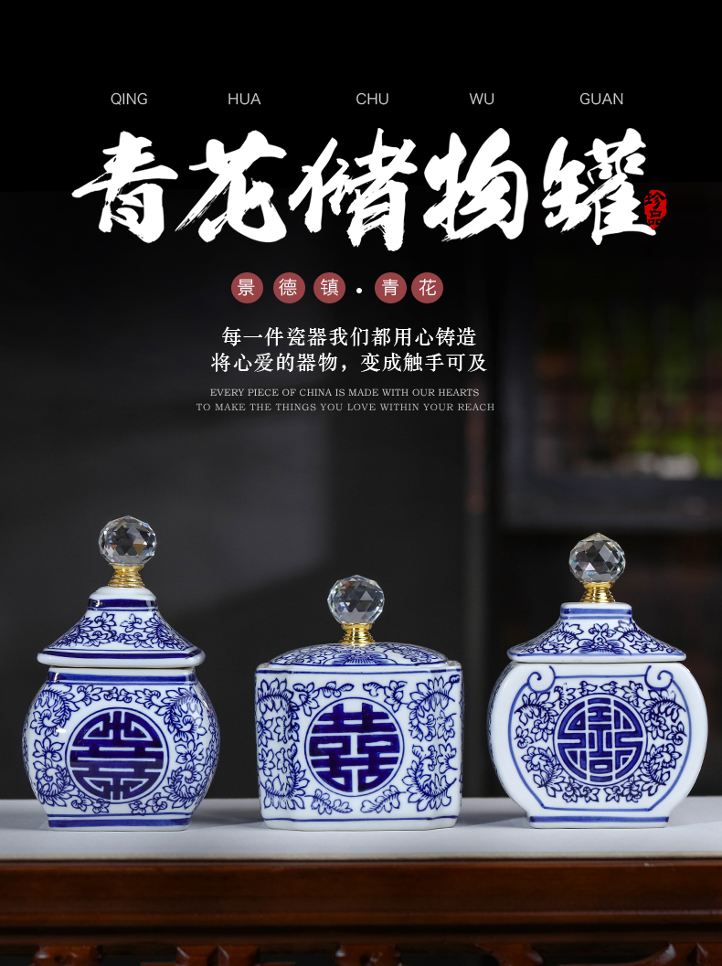 Jingdezhen blue and white porcelain happy character sitting room of the new Chinese style household ceramic tea pot storage tank receives decorative furnishing articles