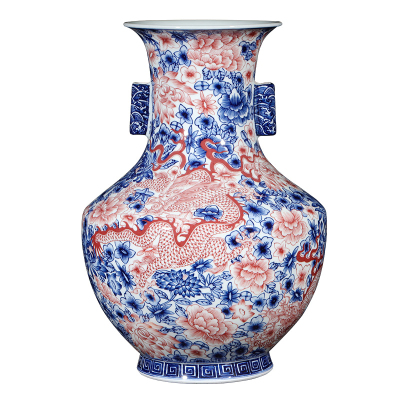 Jingdezhen ceramics creative imitation qianlong hand - made flower dragon ear vase of new Chinese style living room porch place