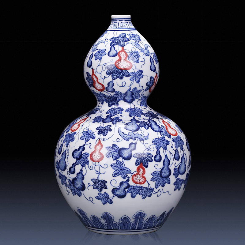 Jingdezhen ceramics imitation yongzheng hand - made of blue and white porcelain bottle gourd vases, flower arranging wine rich ancient frame is placed in the living room