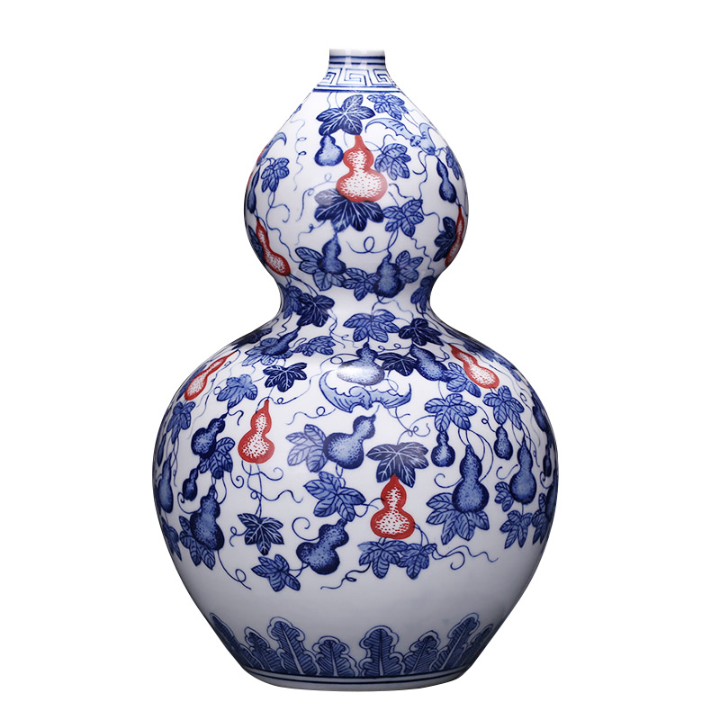 Jingdezhen ceramics imitation yongzheng hand - made of blue and white porcelain bottle gourd vases, flower arranging wine rich ancient frame is placed in the living room