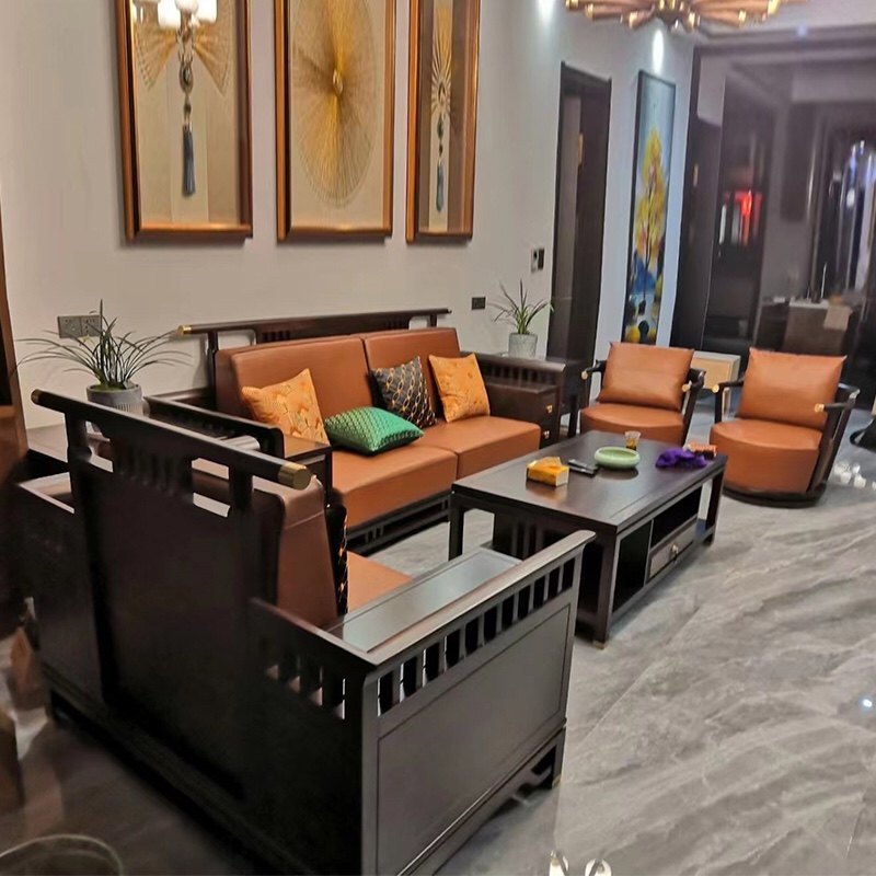 New Chinese style solid wood sofa combination Zen ebony wood leather villa size apartment living room full set of furniture customization