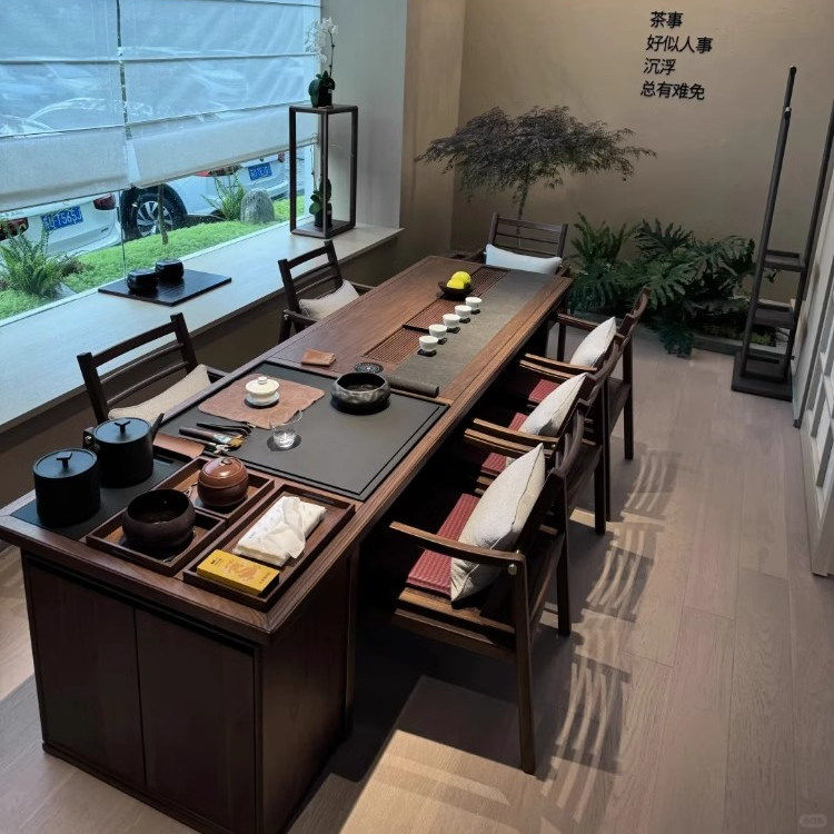 新中式嵌入式實木大板茶臺茶桌現代簡約輕奢一體侘寂風家用辦公室