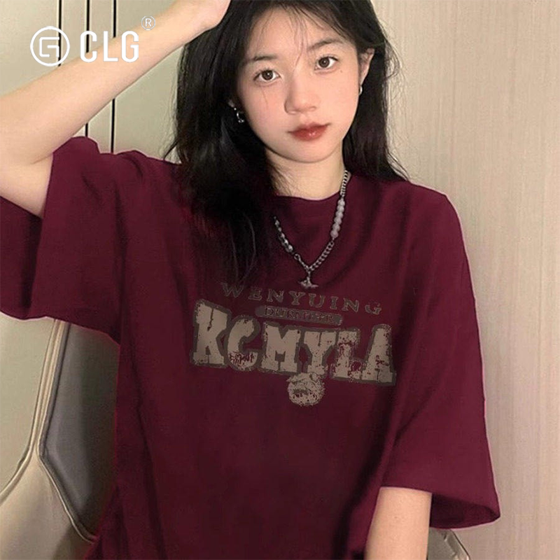 French Clg Trendy Brand Designer Pure Cotton Burgundy Short-Sleeved T-Shirt for Women New Summer Loose Half-Sleeved T-Shirt Top
