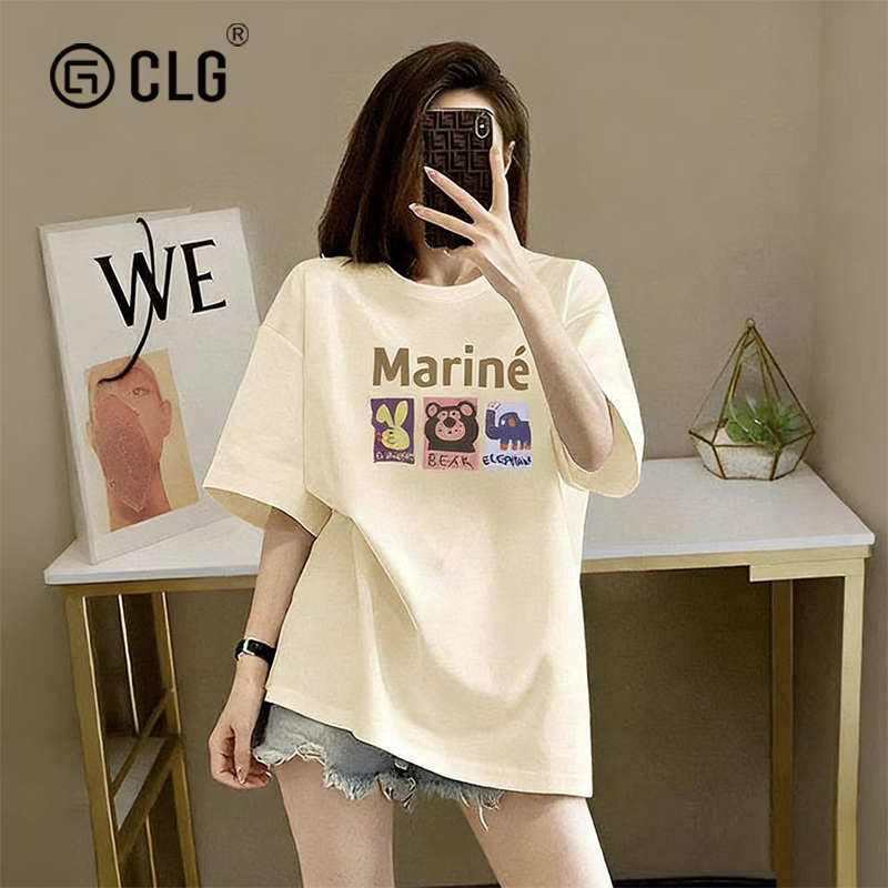 French Clg Trendy Designer Pure Cotton Women's Short-Sleeved T-Shirt, New Summer Style, Loose and Versatile Mid-Length T-Shirt Top