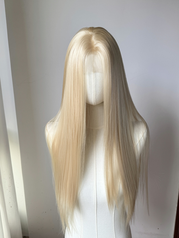 Noble Gold Multi-Purpose Light Gold Blonde Hand-Crocheted Full Lace Wig with Large Lace Front for Cosplay, Free Parting