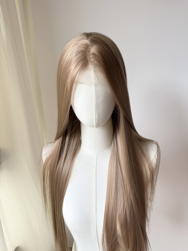 Apricot Brown Milk Tea Color Wig with Lace Front, Large Lace, Full Head Wig for Women, Realistic Scalp, Middle Part, Long Straight Hair