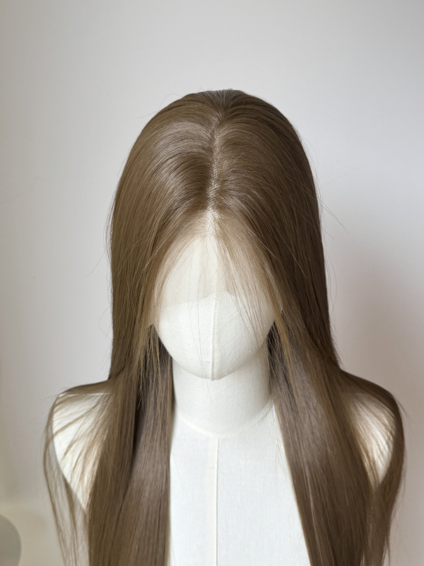 Baby Linen Honey Brown 100% Imported Japanese Silk Long Straight Hair Wig High-Temperature Fiber Hand-Crocheted Large Lace Full Wig for Women