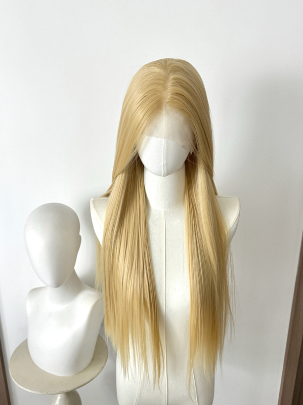 Tea Gold Low-Saturation Golden Gray Hand-Crocheted Large Lace Front Hand-Woven Wig, Full Head, Free Parting, Cosplay Raw Wig