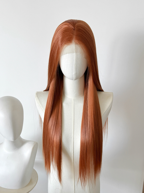 Dirty Orange Brown Orange-Red Hand-Crocheted Wig with Large Lace Front, Cos Hairpiece with Arbitrary Parting, Kamui Kagura Long Hair