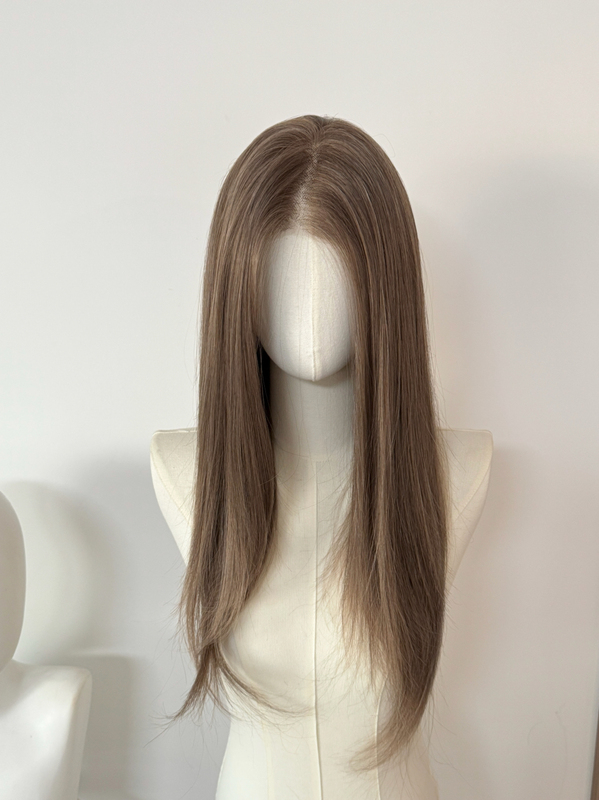 Rainy Night in Paris Hazelnut Gray Brown 100% Imported Japanese Silk Hand-Crocheted Wig with Large Lace Front, Hand-Woven Full Wig, Free Parting