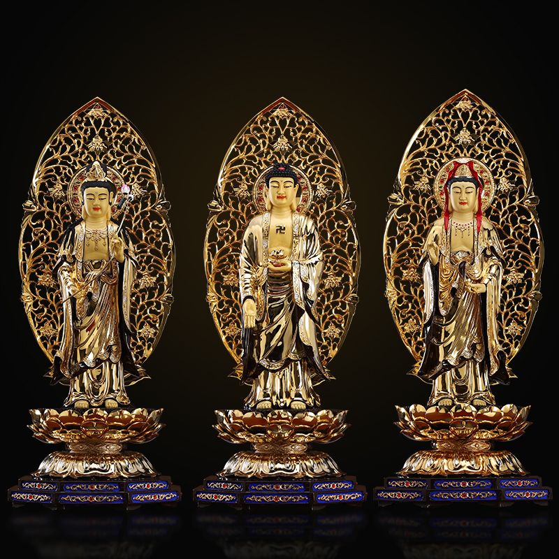 Taiwan Shenfan Pure Bronze Gilded Western Three Holy Buddha Station Home for Visual Bodhisattva Amita Buddha Station