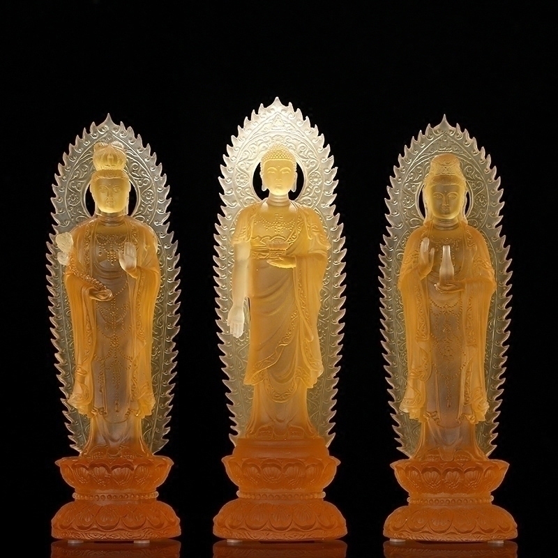 22 cm glass Buddha statue Western Three Holy Guanyin Bodhisattva Amitabha Buddha to the home Buddha Hall to offer ornaments