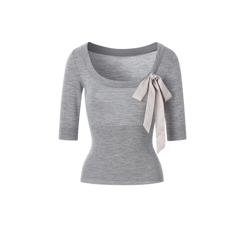 94 Little Peanut French Ballet Ode 2-Way 100% Merino Wool Bow Design Ribbon Knit Top