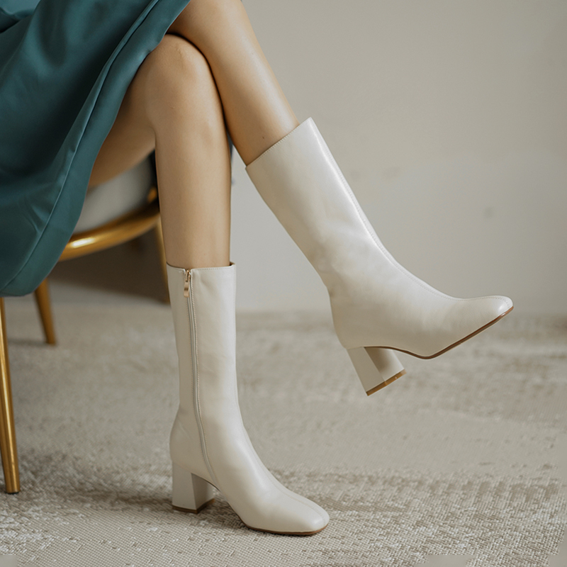 Genuine Leather Autumn and Winter Boots, White Mid-Calf Boots for Women, 2025 New Style, Elegant French Style, Chunky High Heels, Tall Boots for Petite Women