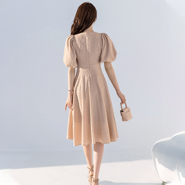 French puff-sleeved dress women's summer 2022 new waist-length thin temperament early autumn a-line skirt deconstructed skirt