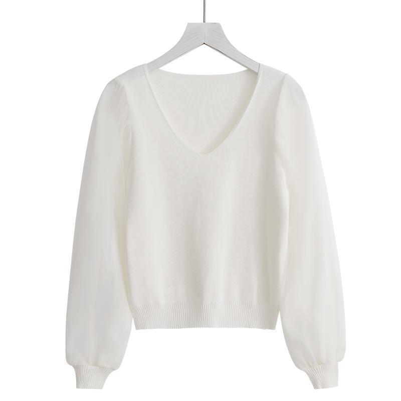2026 Spring and Autumn New Style Double-Layer Mesh Patchwork Puff Sleeve V-Neck Knit Top Popular Women's Skirt Matching Base Shirt 2026 Spring and Autumn New Style Double-Layer Mesh Patchwork Puff Sleeve V-Neck Knit Top Popular Women's Skirt Matching Base Shirt