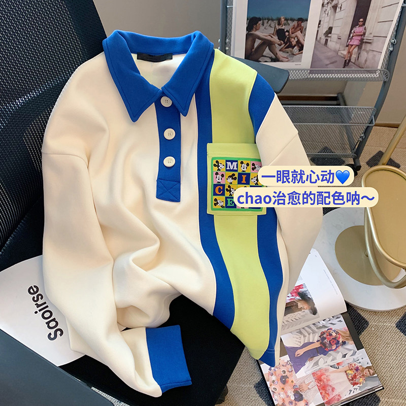 Girl Thick T-Shirt 2022 Spring Autumn New Collision Color Polo Shirt Children Long Sleeve T-shirt CUHK Child Printed Casual Blouse