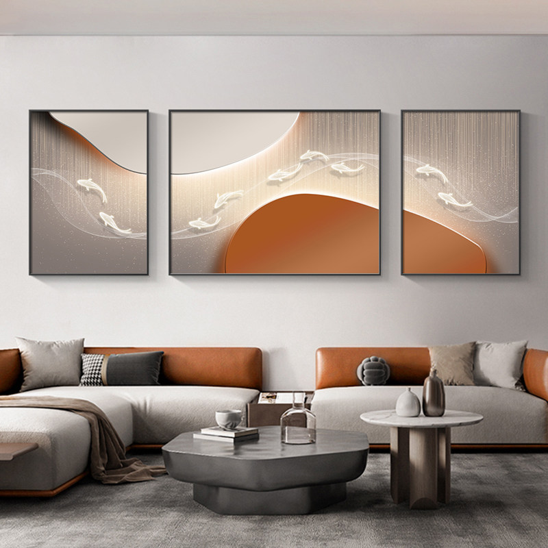 Modern Living Room Decoration Painting Nine Fish Figure Triple Murals Light Lavish Sofa Background Wall Hanging Painting Advanced Sensory painting