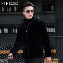 Haining mink coat Mens imported whole mink grass fur coat Winter leather mink hair hooded tide coat