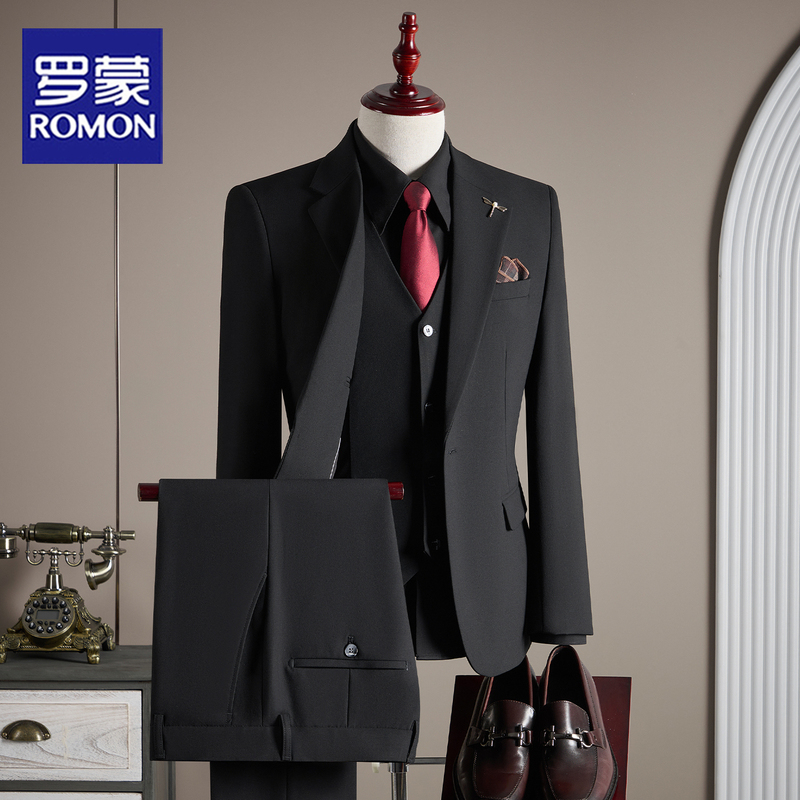 Romon Suit Men's Suit British Style Suit Autumn and Winter Thickened Slim Fit Business Casual Formal Wear Groom Wedding Dress