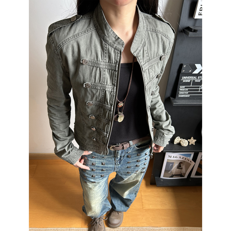 Kismets Zhang Zimo's Same Style Palace-Style Washed and Distressed Stand-Up Collar Denim Jacket with Napoleon Buttons Short Jacket