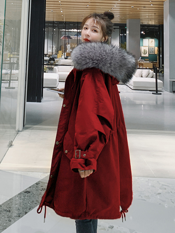 Large Fur Collar Parka Women's Mid-Length Plus Size Winter Cotton Coat Loose Fit Petite Fleece-Lined Thickened Cotton Jacket