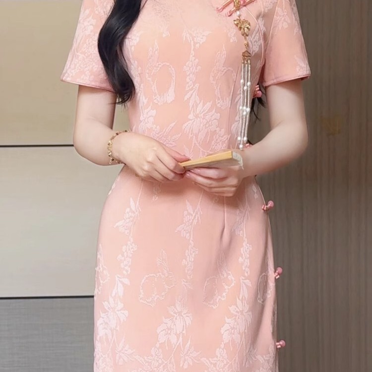 Matcha Mochi 2026 Spring/Summer New Pink Jacquard Improved Cheongsam Elegant Girl's Dress