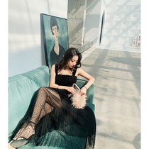 Ye Xiaoxian big black mesh niche lace perspective birthday party sling dress