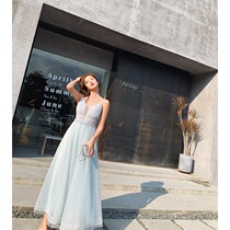 Ye Xiaoxian bridesmaid clothing autumn and winter suspenders backless long Sister skirt temperament V-collar perspective host banquet evening dress