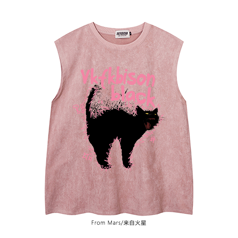 From Mars Black Cat Startled Vintage Summer Cat Print Streetwear Vest Unisex Loose Sleeveless