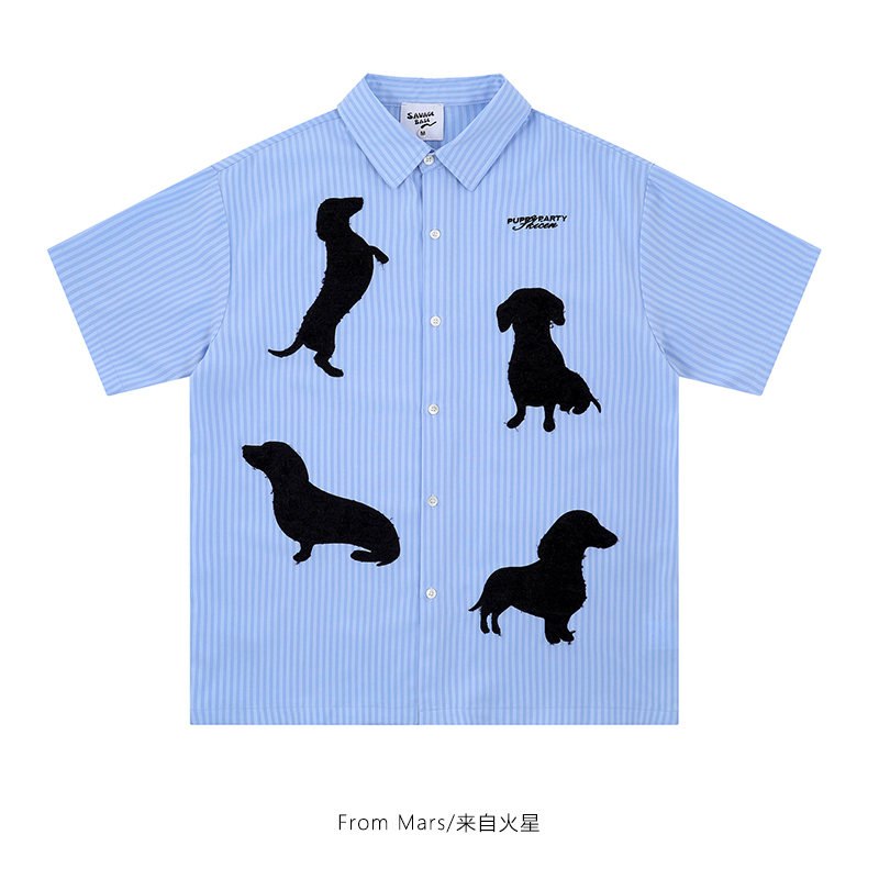 From Mars Puppy Shadow Trendy Striped Lapel Short Sleeve Top Loose Versatile Unisex Casual Shirt From Mars Puppy Shadow Trendy Striped Lapel Short Sleeve Top Loose Versatile Unisex Casual Shirt