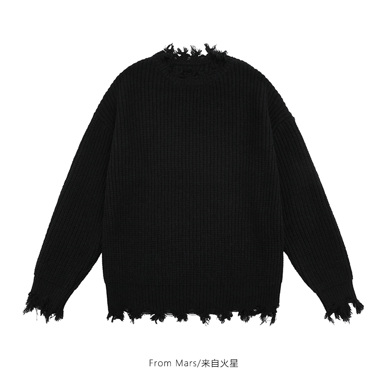 From Mars Disguised Thorn Vintage Distressed Whiskered Crew Neck Knit Loose Couple Sweater Men